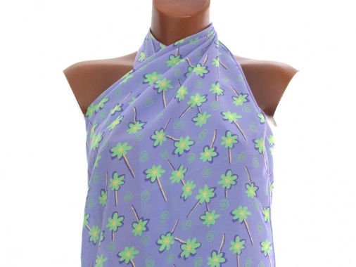Fialový letní šátek přehoz se zelenými kvítečky