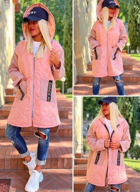 XL/XXL Růžová přechodová dámská bunda s kapucí