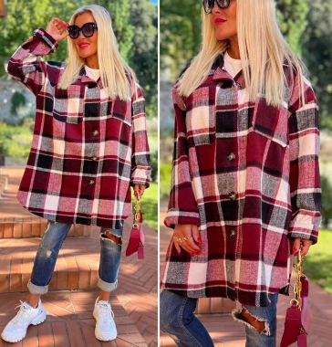 XXL/3XL Káro vínový kabátek podzim/jaro knoflíky