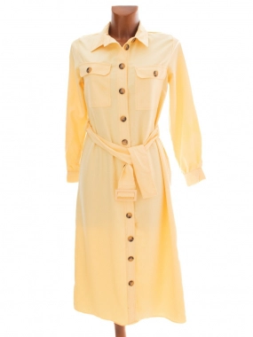 S/M Žluté dámské šaty s páskem s dlouhým rukávem