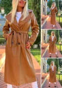 M/L Camel koženkový dámský kabát s vázačkou