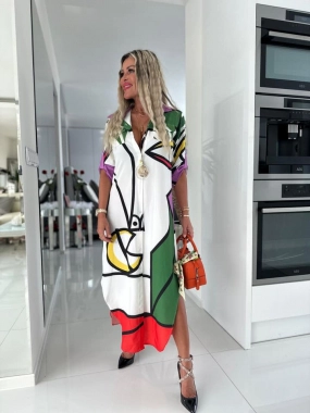 S/M Košilové barevné dámské dlouhé šaty s knoflíky