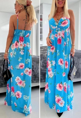 S/M Světle modré květinové dámské dlouhé šaty