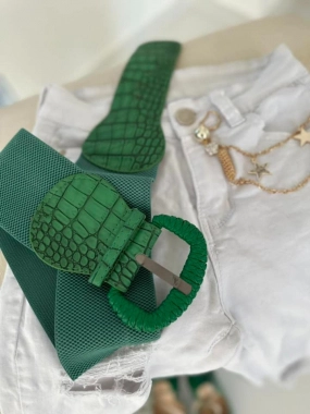 XL Zelený pružný dámský pásek s velkou sponou