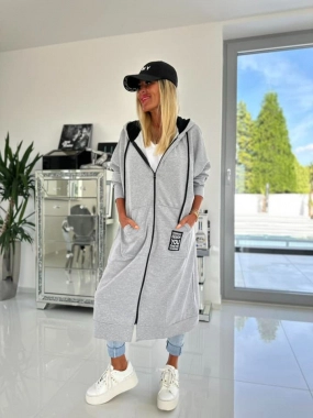 Šedá dámská bavlněná maxi mikina na zip s kapucí