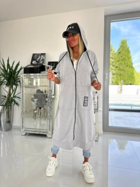 Šedá dámská bavlněná maxi mikina na zip s kapucí