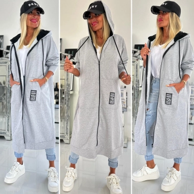 Šedá dámská bavlněná maxi mikina na zip s kapucí