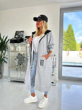 Šedá dámská bavlněná maxi mikina na zip s kapucí