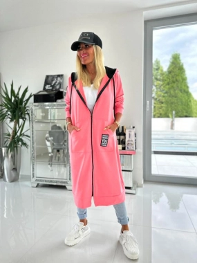 Růžová dámská dlouhá mikina na zip s kapucí