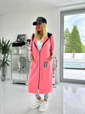 Růžová dámská dlouhá mikina na zip s kapucí