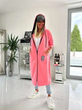 Růžová dámská dlouhá mikina na zip s kapucí