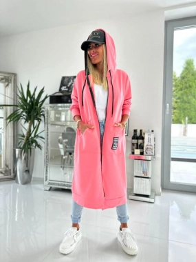 Růžová dámská dlouhá mikina na zip s kapucí