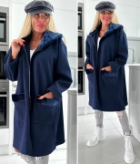 Modrý dámský flaušový kabát s kožešinovým límcem