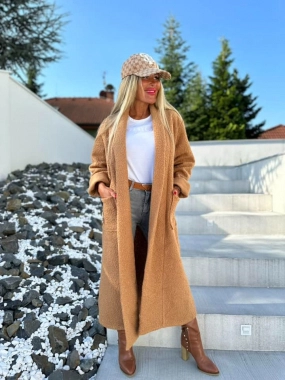 Béžový smyčkový maxi kabát přehoz s páskem