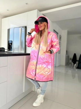 Pink prošívaná dámská bunda s kapucí na zip