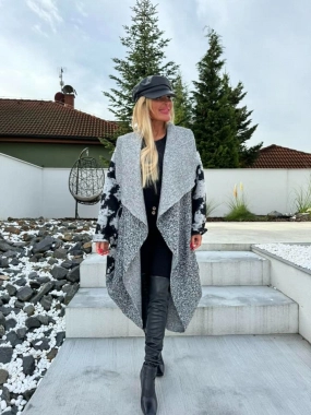 Cardigan přehoz oversize černošedý se vzorem