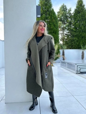 Beránkový dámský maxi khaki kabát s kapucí
