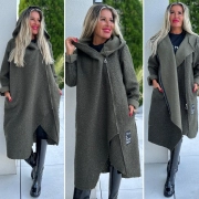 Beránkový dámský maxi khaki kabát s kapucí