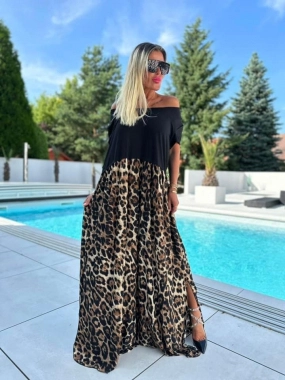 Luxusní dámské šaty černé s leopardí maxi sukní