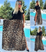 Luxusní dámské šaty černé s leopardí maxi sukní