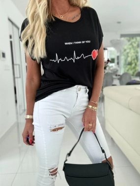 L Černé bavlněné dámské tričko Think srdce