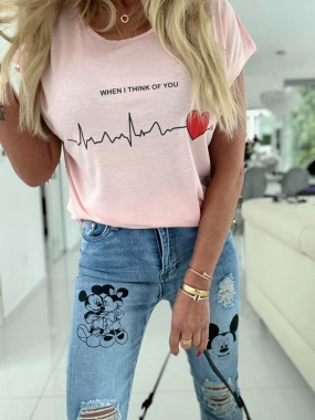 L Růžové bavlněné dámské tričko Think srdce