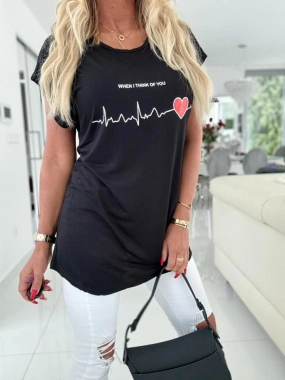 XXL Černé bavlněné dámské tričko Think srdce