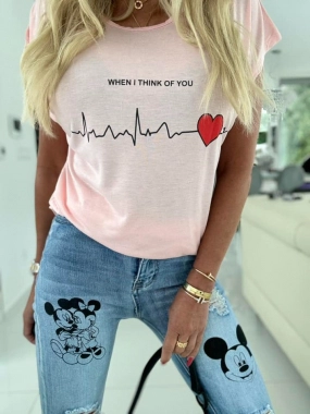 XXL Růžové bavlněné dámské tričko Think srdce