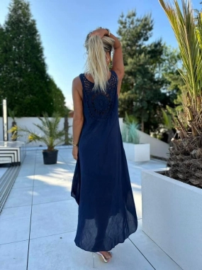 Modré letní dámské šaty se zdobenými zády oversize