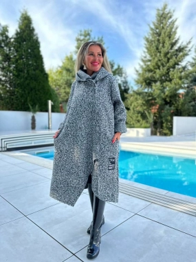 Beránkový dámský maxi šedý kabát s kapucí