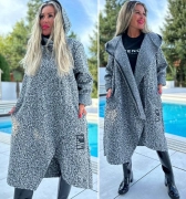 Beránkový dámský maxi šedý kabát s kapucí