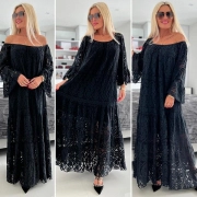 XL-4XL Černé krajkové dámské dlouhé nové šaty