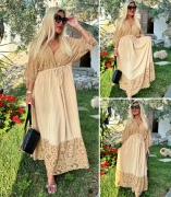 Dlouhé dámské boho šaty s krajkou Nela béžové
