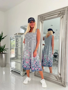M/L Dámské letní midi šedé květinové šaty