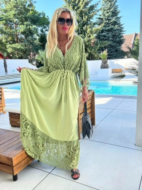 Dlouhé dámské boho šaty s krajkou Nela zelené