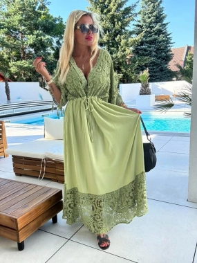 Dlouhé dámské boho šaty s krajkou Nela zelené