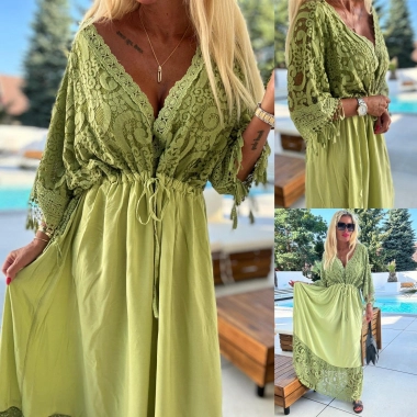 Dlouhé dámské boho šaty s krajkou Nela zelené