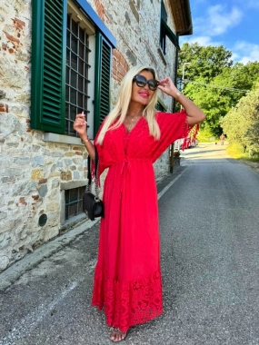 Dlouhé dámské boho šaty s krajkou Nela červené