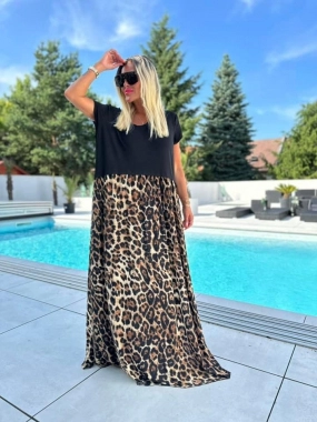 Luxusní dámské šaty černé s leopardí maxi sukní