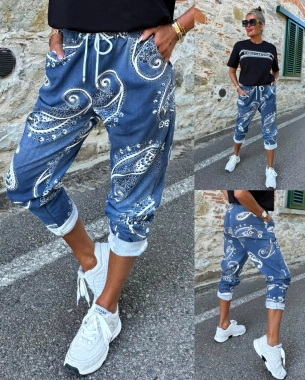 S/M Kalhoty tepláčky imitace jeans ornamenty