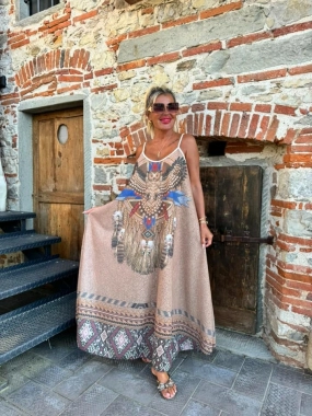 Maxi long dámské letní šaty se vzorem Indian béžové