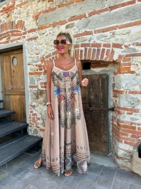 Maxi long dámské letní šaty se vzorem Indian béžové