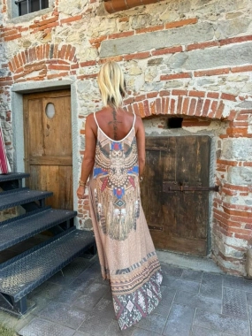Maxi long dámské letní šaty se vzorem Indian béžové