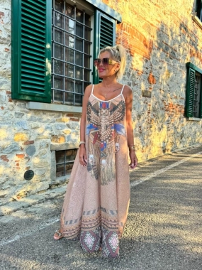 Maxi long dámské letní šaty se vzorem Indian béžové