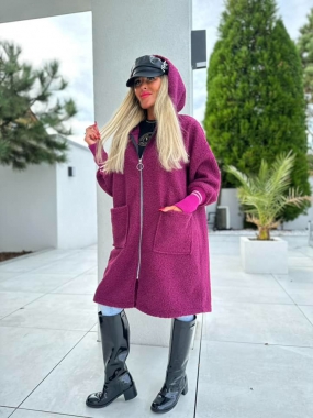 Fuchsia smyčkový dámský kabát s kapucí a kapsami