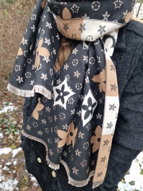Dámský šál pashmina cashmere černobéžový vzor