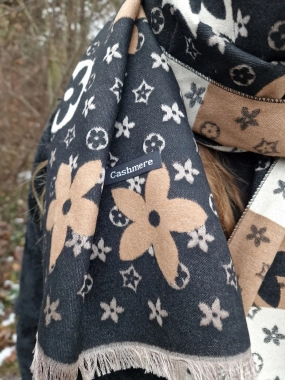 Dámský šál pashmina cashmere černobéžový vzor