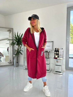 Vínová dámská bavlněná maxi mikina na zip s kapucí