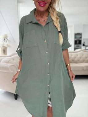 Mušelínová maxi košile tunika Káťa na knoflíky khaki