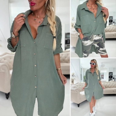 Mušelínová maxi košile tunika Káťa na knoflíky khaki